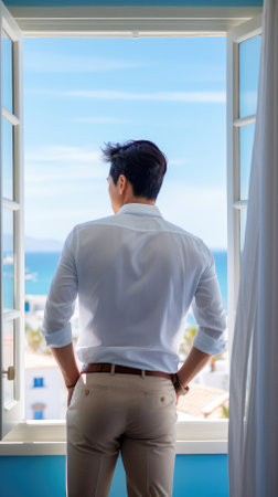 Asian businessman looking out office window.Generative AI.の素材