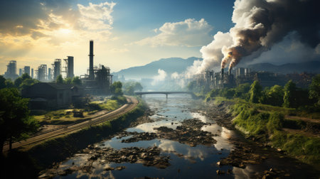 An industrial factory with pipes emitting white smoke into the sky.Generative AI.の素材