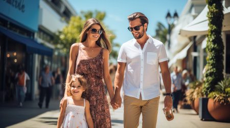 Back view of happy family standing near a large plane with two suitcases outdoor. Trip concept.Generative AI.の素材