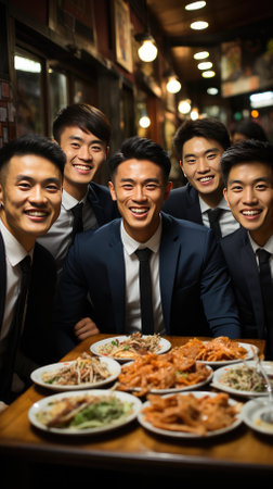 Group of businesspeople wearing suits are happily eating at a dining table.Generative AI.の素材