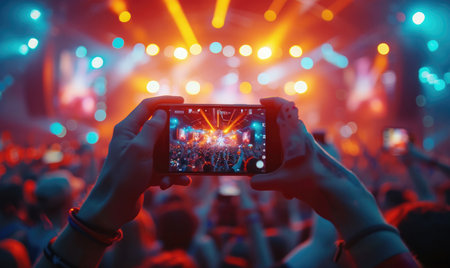 People holding smart phone and recording and photographing in music festival concert, event background concept.Generative AI.の素材