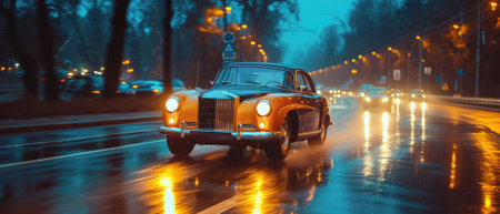 Cute Retro Car Sits A Metro City Street With Lights Blurry Background.Generative AI.の素材