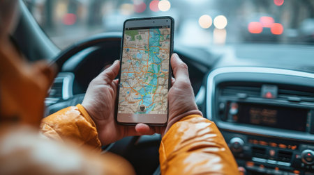 Man use cell phones to check their routes at night.Generative AI.の素材