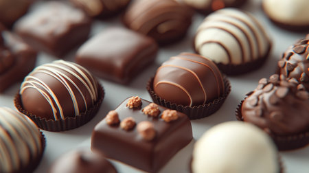 Chocolate truffles and pralines arranged on light background .Generative AI.の素材