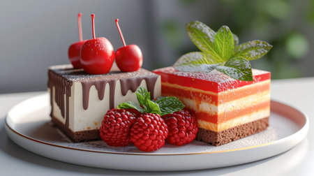 desserts with fruits, mousse, biscuits.Generative AI.の素材