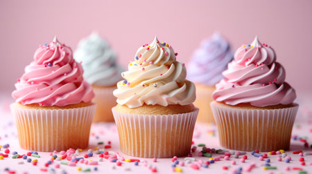 cupcake muffin with cream frosting sprinkles on pink background. Generative AI.の素材