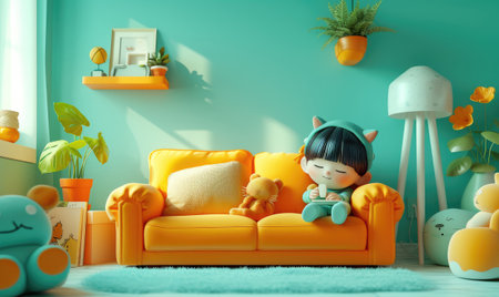 Girl meditating on sofa - cartoon home 3d illustration.Generative AI.の素材