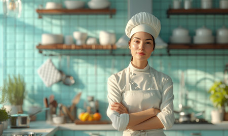 Female chef in a professional kitchen making an elaborated dish.Generative AI.の素材