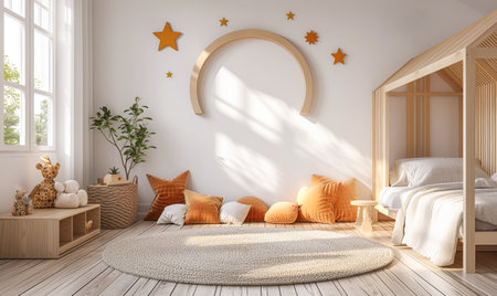 Interior of children room with wooden furniture.Generative AI.の素材