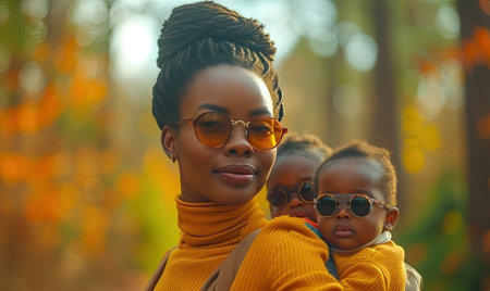 Portrait of african mother with twins kids wearing sunglasses.Generative AI.の素材