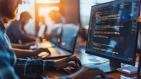 A middle-aged programmer with experience sits at a computer and does coding.Generative AI.の素材