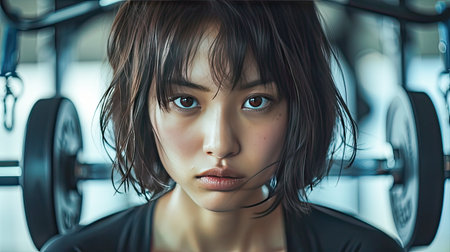 A young Asian woman performs strength training in a gym.Generative AI.の素材