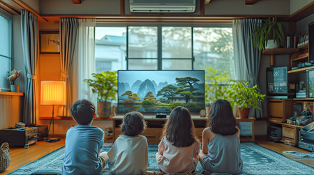 Multi generation family watching TV at home, back view.Generative AI.の素材