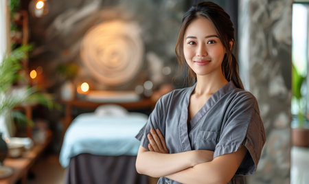 a professional photo of massage therapist standing next to a massage bed in a luxury spa and looking to the camera. Generative AI.の素材