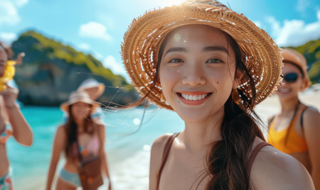 young girls having fun on the beach at sunset, youth having fun resting by the sea in the evening, carefree, happiness, vacation.Generative AI.の素材