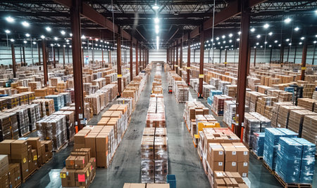 Warehouse workers at work between rows of tall shelves full of packed boxes, top view.Generative AI.の素材