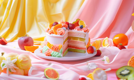 a piece of birthday cake with rainbow filling. ai generative.の素材