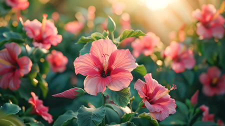 Close-up view of a pink and red hibiscus flower against a lush green leafy background.Generative AI.の素材