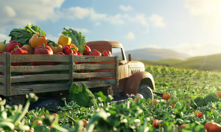Old truck with an autumn harvest of vegetables and herbs on a plantation.Generative AI.の素材
