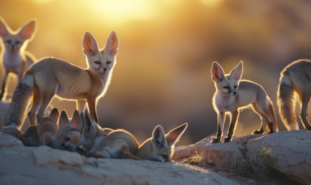 Fennec family sitting in the desert with setting sun shining. Group of wild animals in nature.Generative AI.の素材