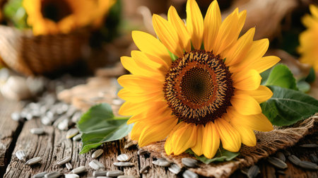 Organic sunflower seeds and flowers on wooden table.Generative AI.の素材