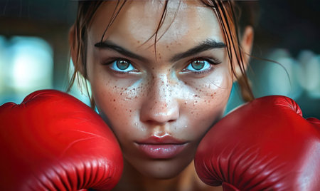 Girl boxer trains in the boxing gym. Generative AI.の素材