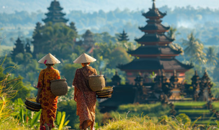 Vietnamese woman on hilltop in front of mountains.Generative AI.の素材