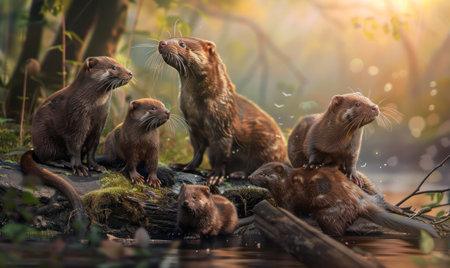 group of minks at the forest river bank with sunset .Generative AI.の素材