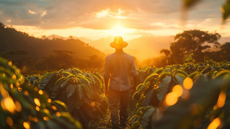 portrait of a farmer with hat through a downhill coffee field at sunrise.Generative AI.の素材