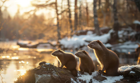 group of minks at the forest river bank with sunset .Generative AI.の素材