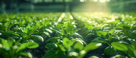 Bright green basil plants growing in a hydroponic farm with artificial lighting.Generative AI.の素材