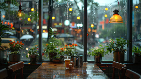 Drinks and still life concept. Cup of coffee placed on table during rainy day. Dark moody background. Generative AI.の素材