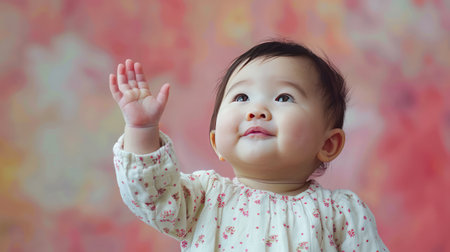 Portrait of a cute baby with raising hands up.Generative AI.の素材