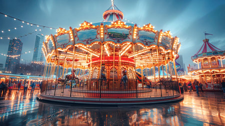 a swinging carousel fair ride in amusement park at sunset.Generative Ai.の素材