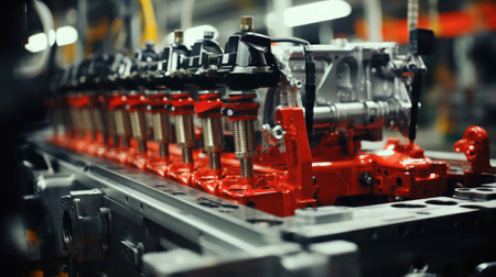 robot assembly line with electric car battery cells module on platform.Generative AI.の素材