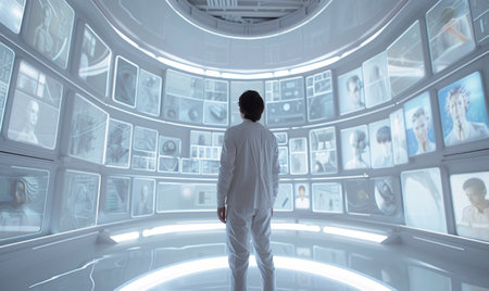 Businessman standing in front of blank television screens.Generative AI.の素材
