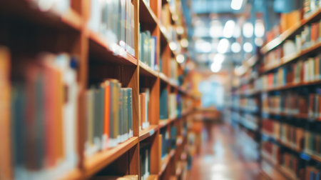 Abstract blurred public library interior space. blurry room with bookshelves by defocused effect.Generative AI.の素材