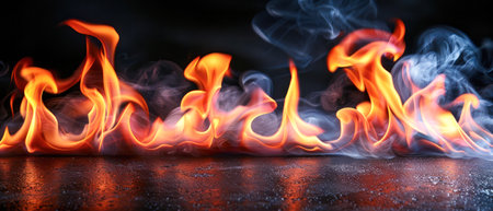Side view of Empty concrete table top with orange fire or flame and sparkles in dark room.Generative AI.の素材