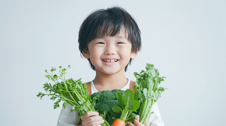 Asian boy with fresh vegetable on white background.Generative AI.の素材