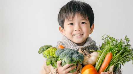 Asian boy with fresh vegetable on white background.Generative AI.の素材