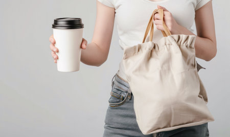 Modern woman carrying eco tote bag, shopper, holding paper cup in hand, isolated on white .AI.の素材