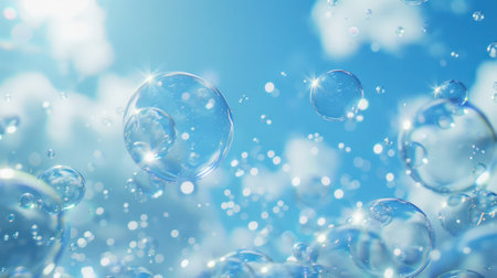 blue bubbles floating along in a blue sky.Generative AI.の素材