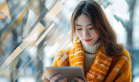 Happy Asian young beautiful student girl sitting outdoors in a nature park using a tablet laptop computer.Generative AI.の素材