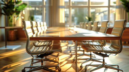 Contemporary meeting room interior with city view and copy space on wooden wall.Generative AI.の素材