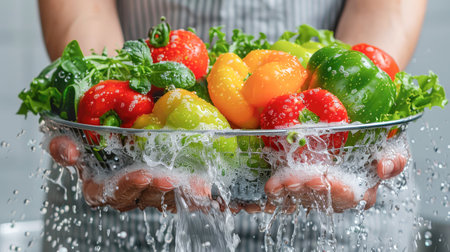 Hands washing fresh vegetables paprika red green yellow in glass bowl.Generative AI.の素材