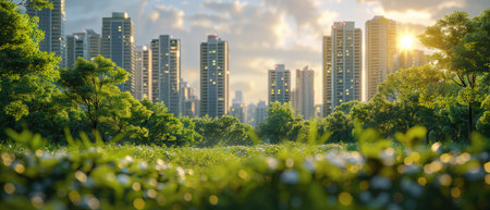 Futuristic friendly ecology mega city buildings and towers, forest and garden in midtown, greenery skyscraper, Sustainable nature with Generative AI.の素材
