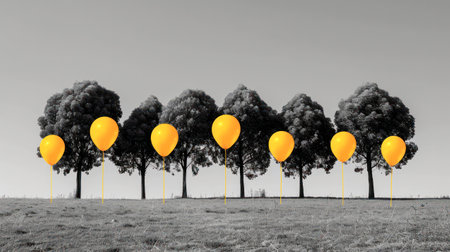 Art photography, minimals, yellow balloons and black trees.Generative AI.の素材