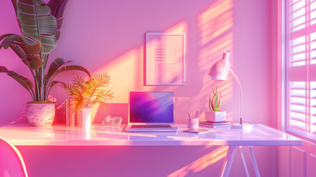 Office table with notebook computer, camera and smartphone painted in white with vibrant bold gradient purple and blue holographic color lights. Concept art. Minimal office surrealism.AI.の素材