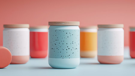 plastic jars of different pastel colors isolated on a colorful background.Generative AI.の素材