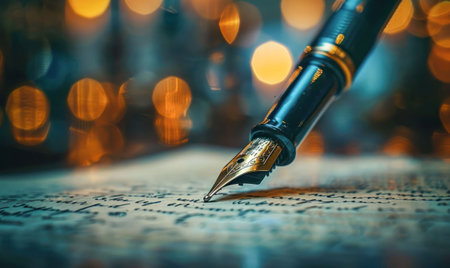Close up of a fountain pen with shallow depth of field and bokeh.Generative AI.の素材